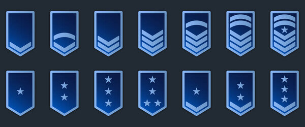 Military Badge Insignia Blue Symbol. Soldier Sergeant, Major, Officer, General, Lieutenant, Colonel Emblem. Army Rank Icon. Chevron Star and Stripes Logo. Isolated Vector Illustration.
