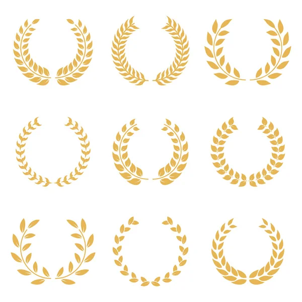 Gold Chaplet Winner Reward Silhouette Icon Set. Golden Laurel Wreath Round Olive Branch on White Background. Glory Foliate Twig Circle Award Emblem Achievement. Isolated Vector Illustration.