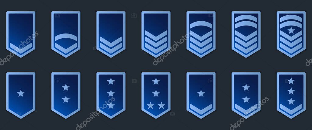 Military Badge Insignia Blue Symbol. Soldier Sergeant, Major, Officer, General, Lieutenant, Colonel Emblem. Army Rank Icon. Chevron Star and Stripes Logo. Isolated Vector Illustration.