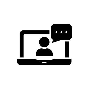 Video Conference on Laptop Silhouette Icon. Online Web Business Chat on Computer Pictogram. Virtual Communication Meeting Work from Home Black Icon. Isolated Vector Illustration.