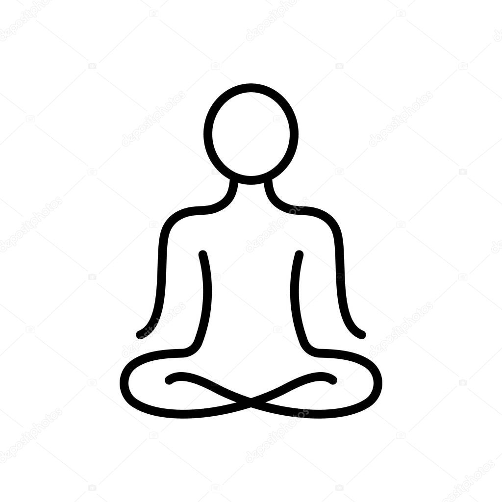 Yoga Position Line Icon. Meditate Relax Linear Pictogram. Spiritual Chakra Zen Outline Icon. Calm Aura Galaxy Serenity and Health Body. Meditation Logo. Editable Stroke. Isolated Vector Illustration.
