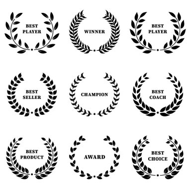 Chaplet for Success Winner Silhouette Black Icon Set. Laurel Wreath Sheet Award Achievement Pictogram. Victory Champion Circle Leaf Olive Branch Reward Best Choice. Isolated Vector Illustration.
