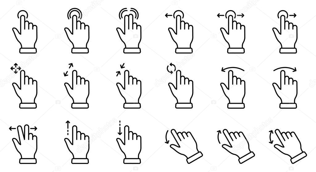 Gesture Slide Left and Right Line Icon Set. Hand Finger Touch, Swipe and Drag Linear Pictogram. Pinch Screen, Rotate Up Down on Screen Outline Icon. Editable Stroke. Isolated Vector Illustration.