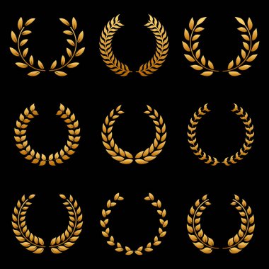 Golden Chaplet Nominate Winner Silhouette Icon Set. Circle Gold Laurel Wreath Success Pictogram. Twig Achievement Tree Branch Leaf Victory Reward Certified. Glory Crest. Isolated Vector Illustration.