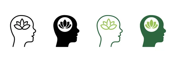 Lotus Brain Wellbeing Conceptシルエットとラインアイコン 幸福の平和 精神健康的な健康のピクトグラム 瞑想ヨガのシンボル 花の自然創造性 編集可能なストローク ベクターイラスト — ストックベクタ