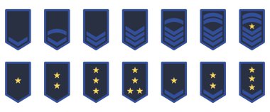 Ordu Rütbe Simgesi. Askeri Rozet İşareti Mavi Sembol. Sembol Sarı Yıldız ve Çizgili Logo. Asker Çavuş, Binbaşı, Subay, General, Teğmen, Albay Amblem. İzole Vektör İllüstrasyonu.