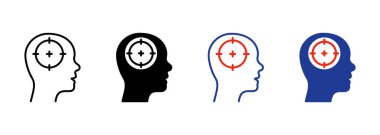 İnsan Başı Hedef Silueti ve Satır Simgesi. Pazarlama Sosyolojisi Müşteri Zihni Pictogramına Odaklanma Hedefi. Merkezî Hedef Simgesi. Bilişsel Bilgi. Düzenlenebilir Vuruş. İzole Vektör İllüstrasyonu.