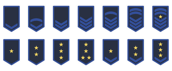 Army Rank Icon. Military Badge Insignia Blue Symbol. Chevron Yellow Star and Stripes Logo. Soldier Sergeant, Major, Officer, General, Lieutenant, Colonel Emblem. Isolated Vector Illustration.