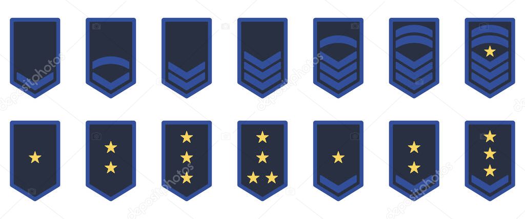 Army Rank Icon. Military Badge Insignia Blue Symbol. Chevron Yellow Star and Stripes Logo. Soldier Sergeant, Major, Officer, General, Lieutenant, Colonel Emblem. Isolated Vector Illustration.