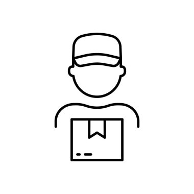 Teslimat İşçisi Paket Kutusu El Hattı Simgesi 'nde. Üniformalı Kaptan Çizgisel Pictogram 'daki postacı. Nakliyeci Kurye Paket Teslimatı Taslak Simgesi. Düzenlenebilir Vuruş. İzole Vektör İllüstrasyonu.