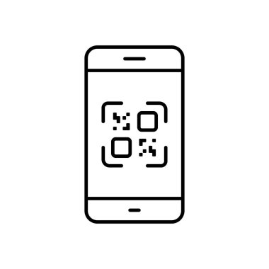 Akıllı Telefon Hattı Simgesi 'nin QR kodu ile ödeme. Cep telefonu uygulamasında kare QRcode doğrusal Pictogram. Barkod Özet Simgesi için Tarayıcı Uygulaması. Düzenlenebilir Vuruş. İzole Vektör İllüstrasyonu.