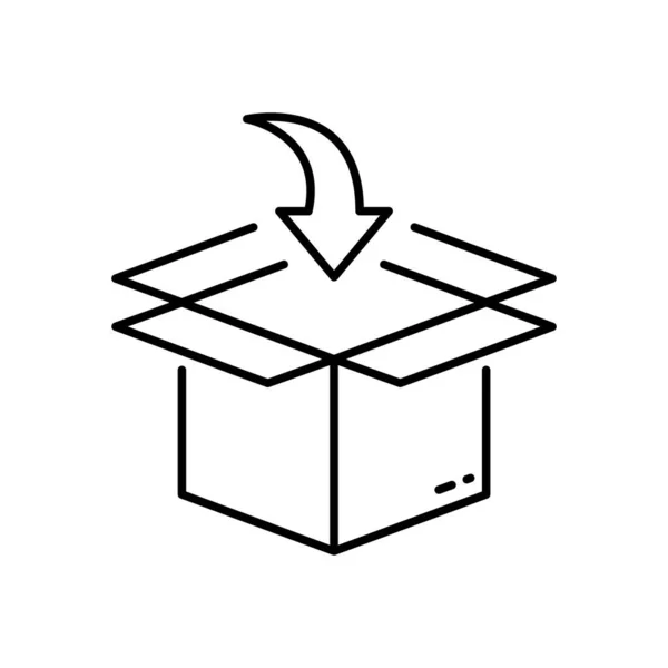 カートン小包ボックス配送サービスラインアイコンを入れてください リニアピクトグラム内の段ボールポイント矢印 流通コンテナの概要アイコン 編集可能なストローク 絶縁ベクトルイラスト — ストックベクタ