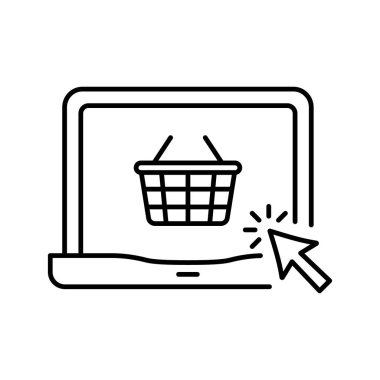 Laptop ve Basket Etrade Concept Line Icon. Dijital Pazar Servisi Alışveriş Aracı Aygıt Doğrusal Pictogram 'da. Online Shop in Computer Outline Simgesi. Düzenlenebilir Vuruş. İzole Vektör İllüstrasyonu.