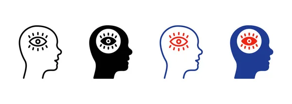 Illuminati Eye Human Brain Silhouette Line Icon Inglés Pictograma Khamsa — Vector de stock