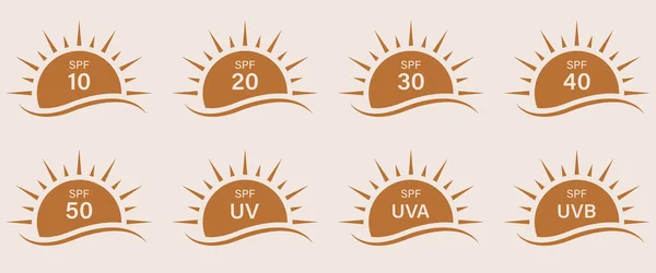 Sun Rays Spf Protect Radiation Silhouette Icon Set Summer Sunblock — 스톡 벡터