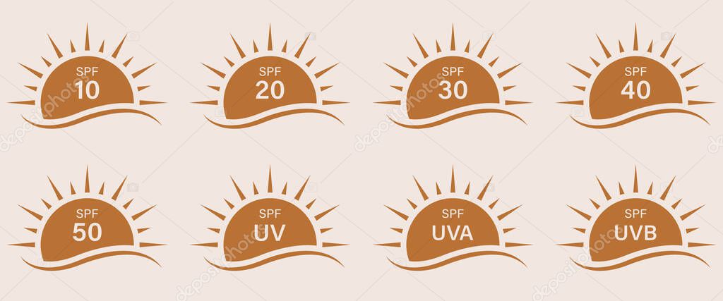 Sun UV Rays SPF 50 40 30 20 10 Protect Radiation Silhouette Icon Set. Summer Sunblock Protection Ultraviolet Rays UVA UVB Defense Skin Glyph Pictogram. Icon. Isolated Vector Illustration.