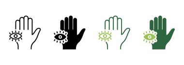Mystic Hand Palm ve All Seeing Eye Silhouette ve Line Icon. Sihirli ilahi Fatima Pictogram. Hamsa Mısır Esrarengiz Okült Madalyon Simgesi. Khamsa Komplosu. Düzenlenebilir Vuruş. Vektör İllüstrasyonu.