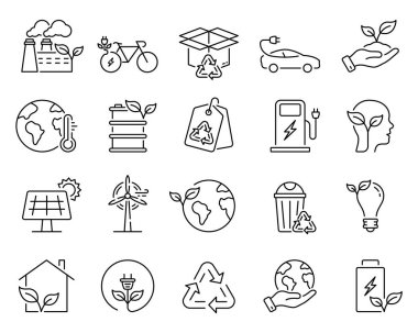 Çevre Koruma Hattı Simgesi Ayarlandı. Ekoloji Güneş, Rüzgar, Su Elektrik Enerjisi Doğrusal İşareti. Temiz Elektrik Ana Hattı Sembolü. Çevre koruma. Düzenlenebilir Vuruş. İzole Vektör İllüstrasyonu.