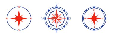 Yönlendirme Silüeti Simgesi Ayarlandı. Kuzey batı doğu yön çizelgesi Piktogram. Deniz Macerası Simgesi için Deniz Antikası Rose Wind Navigator. İzole Vektör İllüstrasyonu.
