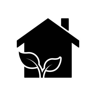 Yaprak Silueti Simgesi ile Ekoloji Emlak Binası. Eco Green House Glyph Pictogram. Çevre Koruma Mimarisi Simgesi. Biyolojik Doğal Ev Sembolü. İzole Vektör İllüstrasyonu.