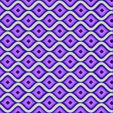 Eğri beyaz çizgiler, zigzag, kıvrımlı, kıvrımlı, kıvrımlı, yılansı, mor ve beyaz, dekoratif arkaplan arasındaki eş merkezli mor damla şekillerinden oluşan klasik arkaplan, 