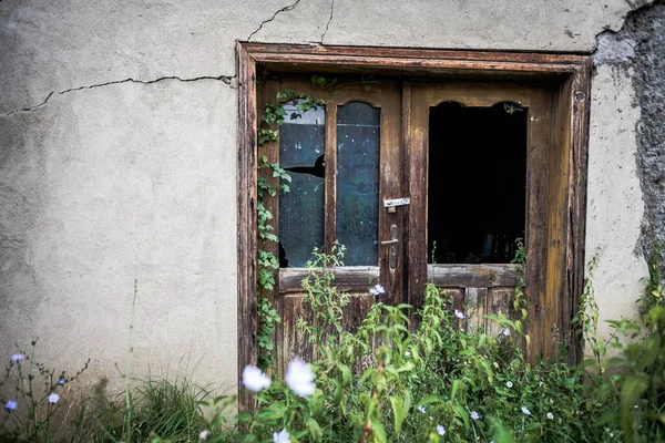 Doors with broken glass of an abandoned house in a village.