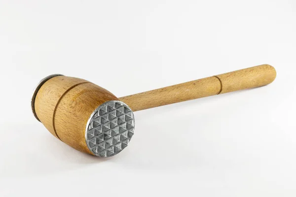 Old Rustic Wooden Meat Mallet Hammer Isolated White Background – stockfoto