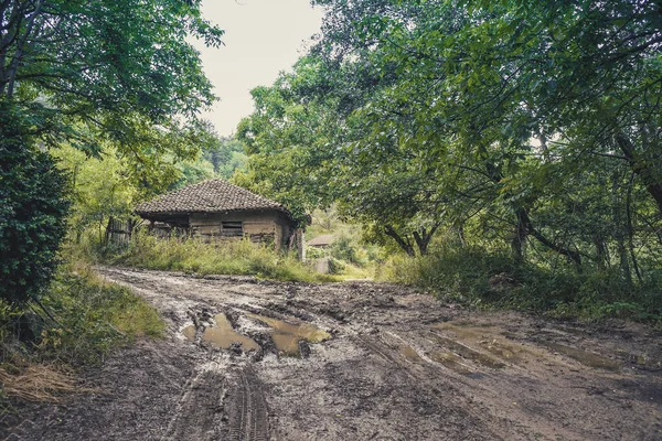 Countryside landscape in abandoned Balkan village. Muddy dirt road after the rain, old adobe house, greenery during the summer.