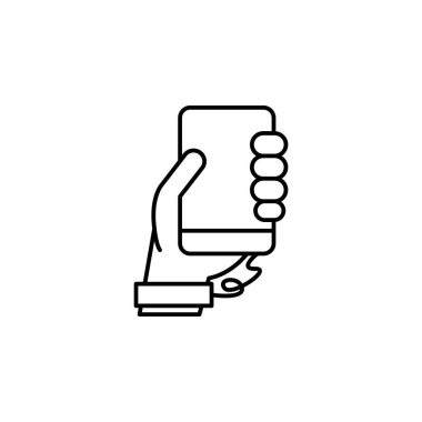 hand holding smartphone with mobile app icon vector. thin line sign. isolated contour symbol illustration