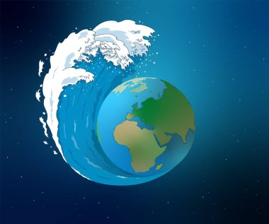 Gezegeni temsil eden vektör çizimi dev bir tsunami tarafından sular altında bırakıldı. Küresel ısınmanın neden olduğu doğal afet.