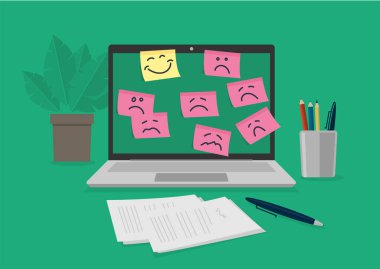 concept of happiness and well being at work and in life. a sticker with a smiling smiley is stuck on a screen in the middle of lots of sad smileys. Vector illustration.