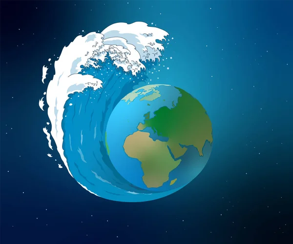 Vector Illustration Representing Planet Submerged Giant Tsunami Natural Disaster Caused — Vector de stock