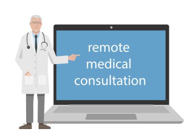 Doktorun dizüstü bilgisayarını gösteren vektör çizimi. Teletıp, uzaktan tedavi kavramları. Beyaz arkaplanda izole