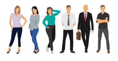 Beyaz arka planda izole edilmiş bir grup karakter, kadın ve erkek ofis çalışanı, iş adamı ve kadını tasvir eden vektör çizimi