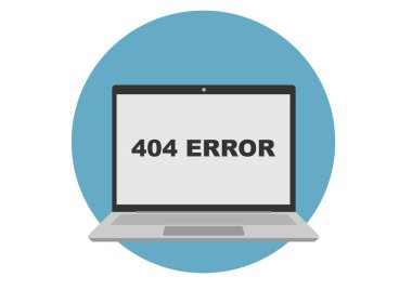 Dizüstü bilgisayarı tasvir eden vektör çizimi. Ekranda hata 404 diyor. Web sayfasının bulunamadığını gösteriyor.