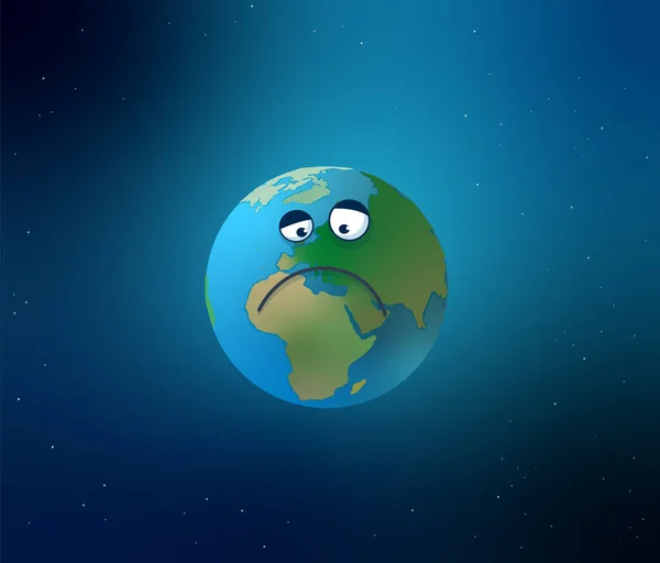 Vektör çizimi, Dünya gezegenini bir çizgi film karakteri olarak tasvir ediyor. Küresel ısınma yüzünden üzgün.