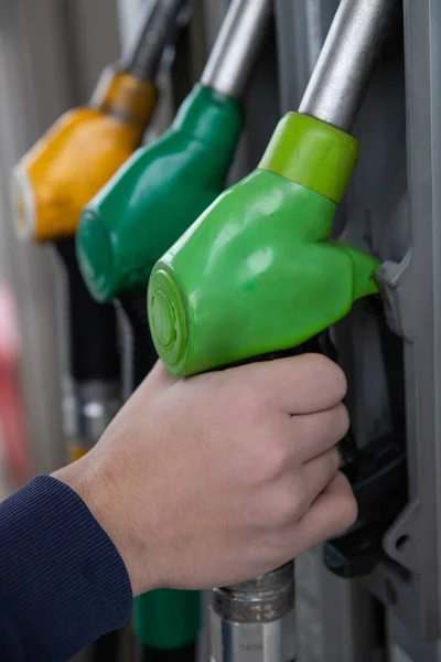 View Man Hand Putting Gasoline Diesel Fuel Tank His Car — Photo