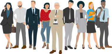 illustration of a team at work, characters of different races, different ages, businessmen or women, office workers with the boss, manager in the center.