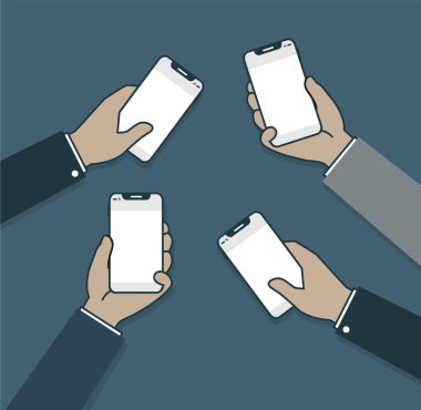 Cep telefonu tutan birkaç elin vektör çizimi. Ekran beyaz. Üzerine resminizi ya da metninizi koyun. Mavi arkaplanda izole