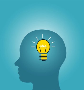 Bir siluetin kafasında bir ampul yanıyor. Yanan elektrik lambası buluş, fikir ve deha kavramını temsil ediyor.