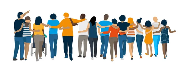 Birbirini destekleyen bir grup arkadaşın panoramik çizimi ve geleceğe doğru ilerlemek. Dayanışma ve karşılıklı yardım kavramı. Çok ırklı grup.