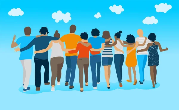 Group Young People Representing Diversity Walk Together Hugging Each Other — Wektor stockowy