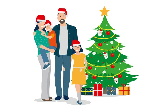 Vector Illustration Happy Family Christmas Holidays Wearing Santa Hats Gifts — Wektor stockowy