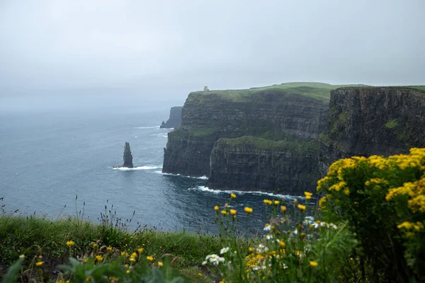 Widok Klify Moher Irlandii Widokiem Morze Szary Deszczowy Dzień — Zdjęcie stockowe