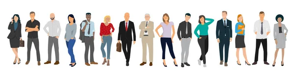 Bir şirketteki erkek ve kadın karakterleri, ofis çalışanlarını ve meslektaşlarını temsil eden geniş bir grup vektör çizimi.