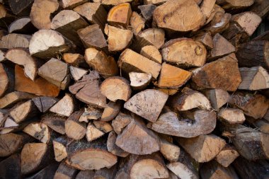 Bir kulübede depolanmış büyük bir odun yığını. Enerji krizi sembolü