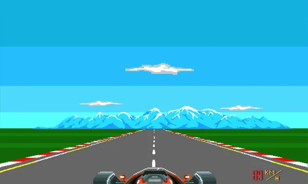 Race Car Formula Pixelated Retro Arcade Pixel Mountain Background Formula — ストックベクタ