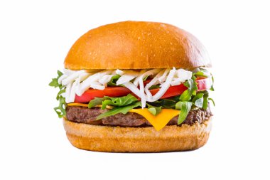 Burger with lettuce, meat cutlet, tomatoes, grated cheese, potatoes and melted cheese on a white background. Horizontal orientation