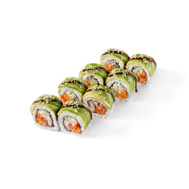 Rolls with eel, sesame seeds, avocado, tobiko caviar, cucumbers and sauce on a white background