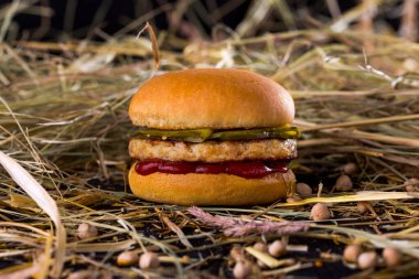Mini burger with bun, cutlet, pickled cucumbers and ketchup on the table with chickpeas and sprinkled hay on a black background. Horizontal orientation